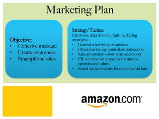 Marketing Plan
Objective:
•  Cohesive message
•  Create awareness
•  Smartphone sales
Strategy/ Tactics:
Intertwine data from multiple marketing
strategies:
•  General advertising- awareness
•  Direct marketing- immediate transaction
•  Sales promotion- short-term sales boost
•  PR- to inﬂuence consumers’ attitudes,
opinions and values
•  Social media to create buzz and recruit fans
 