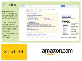 Search Ad
Tactics
Keyword searches
such as ‘smartphones’
that reﬂect potential
purchasing behavior
*By correlating our
ads with these key
word searches, we are
able to optimize the
marketing
impressions made on
prospective
customers.
 