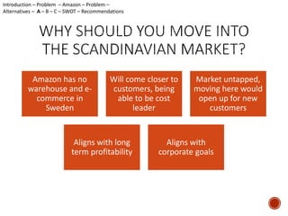 Amazon has no 
warehouse and e-commerce 
in 
Sweden 
Will come closer to 
customers, being 
able to be cost 
leader 
Market untapped, 
moving here would 
open up for new 
customers 
Aligns with long 
term profitability 
Aligns with 
corporate goals 
Introduction – Problem – Amazon – Problem – 
Alternatives – A – B – C – SWOT – Recommendations 
 
