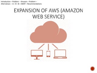Introduction – Problem – Amazon – Problem – 
Alternatives – A – B – C – SWOT – Recommendations 
 