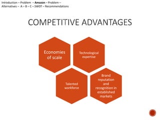 Technological 
expertise 
Economies 
of scale 
Talented 
workforce 
Brand 
reputation 
and 
recognition in 
established 
markets 
Introduction – Problem – Amazon – Problem – 
Alternatives – A – B – C – SWOT – Recommendations 
 