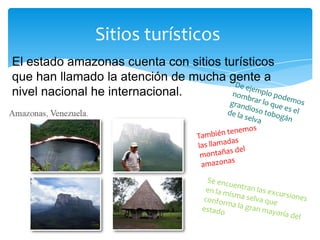 Sitios turísticos
El estado amazonas cuenta con sitios turísticos
que han llamado la atención de mucha gente a
nivel nacional he internacional.
 