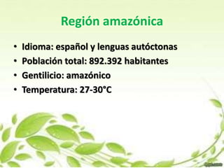 Región amazónica 
• Idioma: español y lenguas autóctonas 
• Población total: 892.392 habitantes 
• Gentilicio: amazónico 
• Temperatura: 27-30°C 
 
