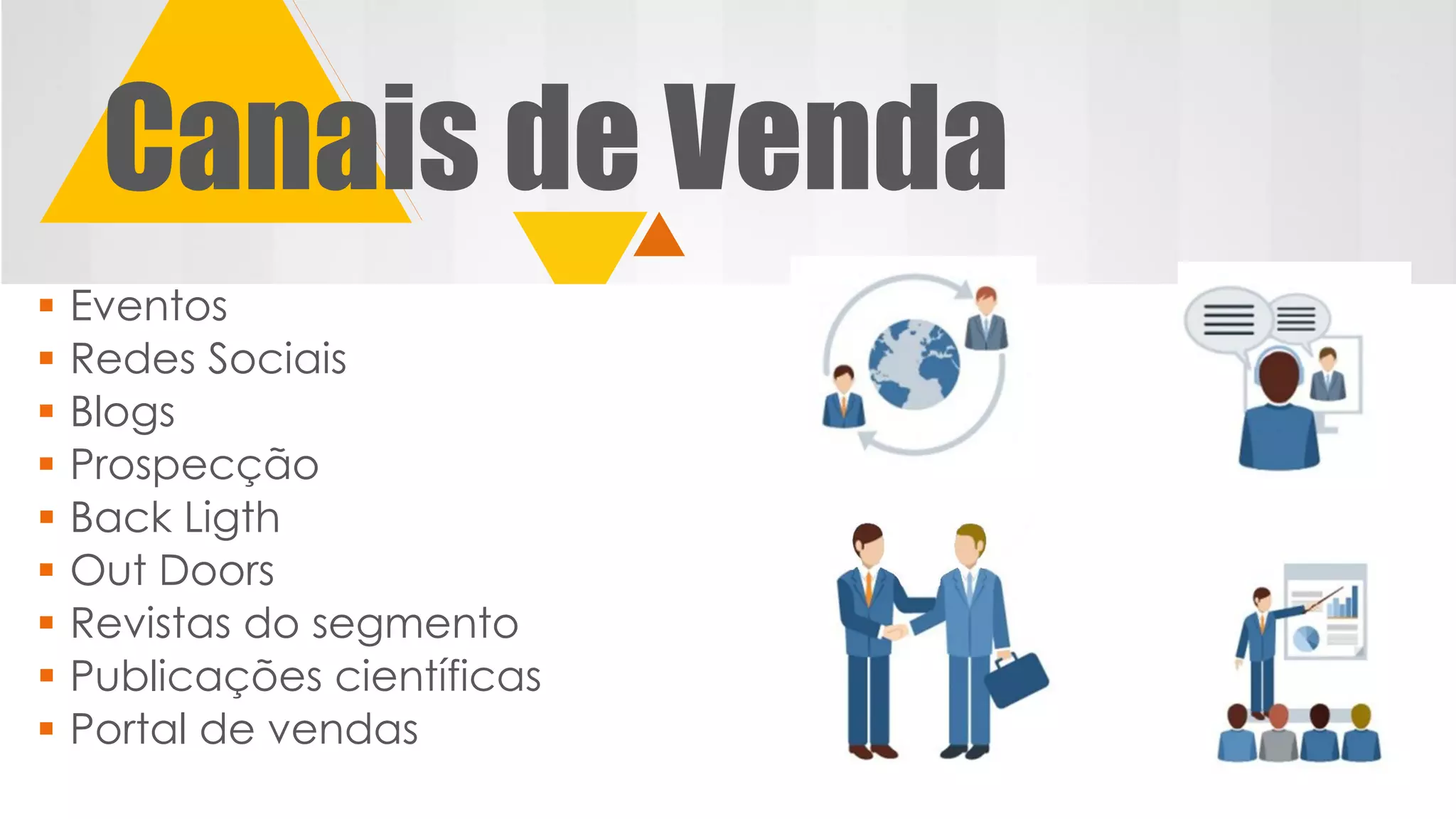Canais de Venda
 Eventos
 Redes Sociais
 Blogs
 Prospecção
 Back Ligth
 Out Doors
 Revistas do segmento
 Publicações científicas
 Portal de vendas
 