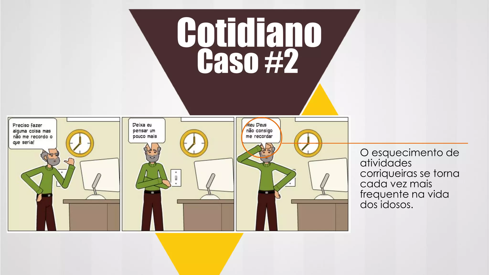 Caso #2
Cotidiano
O esquecimento de
atividades
corriqueiras se torna
cada vez mais
frequente na vida
dos idosos.
 