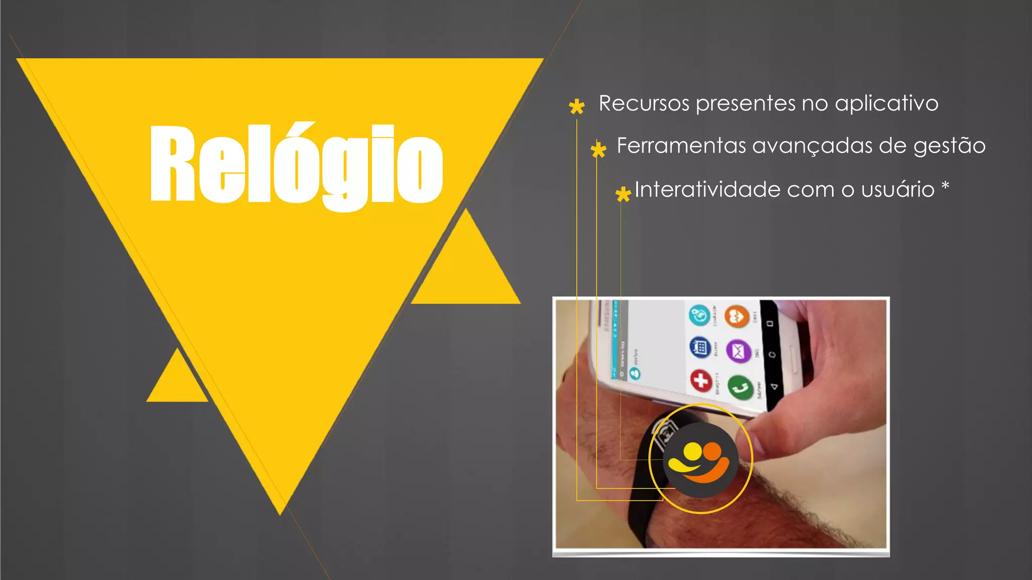 Recursos presentes no aplicativo
Relógio
* Ferramentas avançadas de gestão
* Interatividade com o usuário *
*
 