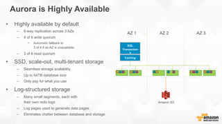 Aurora is Highly Available
•  Highly available by default
–  6-way replication across 3 AZs
–  4 of 6 write quorum
•  Auto...