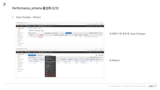 © Copyrights 2001~2017 EXEM CO.,LTD. All Rights Reserved.
Performance_schema 활성화 (2/3)
• Save Changes - Reboot
3) 0에서 1로 변경 후, Save Changes
4) Reboot
 
