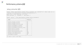 © Copyrights 2001~2017 EXEM CO.,LTD. All Rights Reserved.
Performance_schema 설정
setup_consumer 설정
mysql> update performance_schema.setup_consumers set enabled='no' where name not in
('global_instrumentation','thread_instrumentation');
Query OK, 2 rows affected (0.00 sec)
Rows matched: 10 Changed: 2 Warnings: 0
mysql> select * from performance_schema.setup_consumers;
+--------------------------------+---------+
| NAME | ENABLED |
+--------------------------------+---------+
| events_stages_current | NO |
| events_stages_history | NO |
| events_stages_history_long | NO |
| events_statements_current | NO |
| events_statements_history | NO |
| events_statements_history_long | NO |
| events_waits_current | NO |
| events_waits_history | NO |
| events_waits_history_long | NO |
| global_instrumentation | YES |
| thread_instrumentation | YES |
| statements_digest | NO |
+--------------------------------+---------+
12 rows in set (0.00 sec)
 