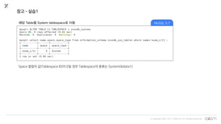 © Copyrights 2001~2017 EXEM CO.,LTD. All Rights Reserved.
참고 – 실습1
해당 Table을 System tablespace로 이동
Space 컬럼의 값(Tablespace ID)이 0일 경우 Tablespace의 종류는 System(ibdata1)
MySQL 5.7
 