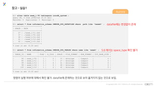 © Copyrights 2001~2017 EXEM CO.,LTD. All Rights Reserved.
참고 – 실습1
E1> alter table exem_i.T2 tablespace innodb_system ;
Query OK, 0 rows affected (0.10 sec)
Records: 0 Duplicates: 0 Warnings: 0
E1> select * from information_schema.INNODB_SYS_DATAFILES where path like '%exem%' ;
+-------+-----------------+
| SPACE | PATH |
+-------+-----------------+
| 27 | ./exem_i/t1.ibd |
| 37 | ./exem_i/T2.ibd |
| 40 | ./exem_i/t4.ibd |
| 41 | ./exem_i/t3.ibd |
| 42 | ./exem_i/t5.ibd |
+-------+-----------------+
5 rows in set (0.00 sec)
E1> select * from information_schema.INNODB_SYS_TABLES where name like 'exem%' ;
+----------+-----------+------+--------+-------+-------------+------------+---------------+
| TABLE_ID | NAME | FLAG | N_COLS | SPACE | FILE_FORMAT | ROW_FORMAT | ZIP_PAGE_SIZE |
+----------+-----------+------+--------+-------+-------------+------------+---------------+
| 95 | exem_i/T2 | 1 | 5 | 37 | Antelope | Compact | 0 |
| 85 | exem_i/t1 | 1 | 7 | 27 | Antelope | Compact | 0 |
| 99 | exem_i/t3 | 1 | 4 | 41 | Antelope | Compact | 0 |
| 98 | exem_i/t4 | 1 | 4 | 40 | Antelope | Compact | 0 |
| 100 | exem_i/t5 | 1 | 4 | 42 | Antelope | Compact | 0 |
+----------+-----------+------+--------+-------+-------------+------------+---------------+
5 rows in set (0.00 sec)
5.6 에서는 space_type 확인 불가
datafile에는 변경없이 존재
명령어 실행 여부에 대해서 확인 불가. datafile에 존재하는 것으로 보아 옮겨지지 않는 것으로 보임.
Aurora
 