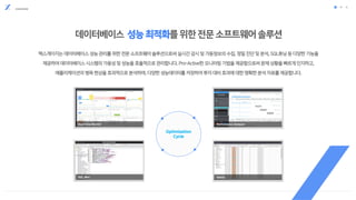 OVERVIEW
데이터베이스 성능최적화를위한전문소프트웨어솔루션
Optimization
Cycle
Real-Time Monitor
SQL Mini
Performance Analyzer
Admin
 