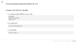 © Copyrights 2001~2017 EXEM CO.,LTD. All Rights Reserved.
On-premise MySQL Replication (MySQL Ver. 5.7)
2. Master (192.168.153.120) 설정
A. mysqld stop된 상태에서 my.cnf 수정
[mysqld]
log-bin=mysql-bin
server-id=1
B. mysqld start
/etc/init.d/mysqld start
C. mysql 접속
mysql -uroot -p
 