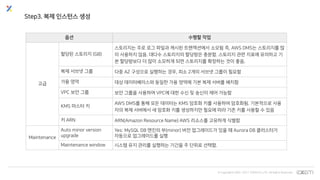 © Copyrights 2001~2017 EXEM CO.,LTD. All Rights Reserved.
Step3. 복제 인스턴스 생성
옵션 수행할 작업
고급
할당된 스토리지 (GB)
스토리지는 주로 로그 파일과 캐시된 트랜잭션에서 소모됨 즉, AWS DMS는 스토리지를 많
이 사용하지 않음. 대다수 스토리지의 할당량은 충분함. 스토리지 관련 지표에 유의하고 기
본 할당량보다 더 많이 소모하게 되면 스토리지를 확장하는 것이 좋음.
복제 서브넷 그룹 다중 AZ 구성으로 실행하는 경우, 최소 2개의 서브넷 그룹이 필요함
가용 영역 대상 데이터베이스와 동일한 가용 영역에 기본 복제 서버를 배치함
VPC 보안 그룹 보안 그룹을 사용하여 VPC에 대한 수신 및 송신이 제어 가능함
KMS 마스터 키
AWS DMS를 통해 모든 데이터는 KMS 암호화 키를 사용하여 암호화됨. 기본적으로 사용
자의 복제 서버에서 새 암호화 키를 생성하지만 필요에 따라 기존 키를 사용할 수 있음
키 ARN ARN(Amazon Resource Name) AWS 리소스를 고유하게 식별함
Maintenance
Auto minor version
upgrade
Yes: MySQL DB 엔진의 부(minor) 버전 업그레이드가 있을 때 Aurora DB 클러스터가
자동으로 업그레이드를 실행
Maintenance window 시스템 유지 관리를 실행하는 기간을 주 단위로 선택함.
 
