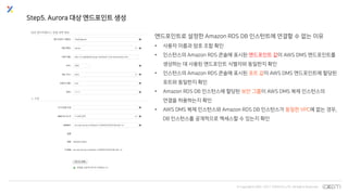 © Copyrights 2001~2017 EXEM CO.,LTD. All Rights Reserved.
Step5. Aurora 대상 엔드포인트 생성
엔드포인트로 설정한 Amazon RDS DB 인스턴트에 연결할 수 없는 이유
• 사용자 이름과 암호 조합 확인
• 인스턴스의 Amazon RDS 콘솔에 표시된 엔드포인트 값이 AWS DMS 엔드포인트를
생성하는 데 사용된 엔드포인트 식별자와 동일한지 확인
• 인스턴스의 Amazon RDS 콘솔에 표시된 포트 값이 AWS DMS 엔드포인트에 할당된
포트와 동일한지 확인
• Amazon RDS DB 인스턴스에 할당된 보안 그룹이 AWS DMS 복제 인스턴스의
연결을 허용하는지 확인
• AWS DMS 복제 인스턴스와 Amazon RDS DB 인스턴스가 동일한 VPC에 없는 경우,
DB 인스턴스를 공개적으로 액세스할 수 있는지 확인
 