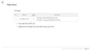 © Copyrights 2001~2017 EXEM CO.,LTD. All Rights Reserved.
Page Layout
NO Element
Size
(byte)
Description
1 Fil_Page_End_Lsn 8
앞 4 bytes = 페이지 체크썸 ( 05 6b c0 e0 )
뒤 4 bytes = fil_page_lsn와 동일 ( 05 4e b0 a3 )
Fil Trailer
• integrity를 위한 아키텍처 구조
• 장애를 대비하여 체크썸을 하고, 맨 처음 페이지와 같은 값인지 확인
 