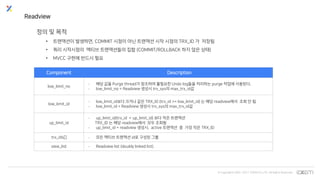 © Copyrights 2001~2017 EXEM CO.,LTD. All Rights Reserved.
Readview
정의 및 목적
• 트랜잭션이 발생하면, COMMIT 시점이 아닌 트랜잭션 시작 시점의 TRX_ID 가 저장됨
• 쿼리 시작시점의 액티브 트랜잭션들의 집합 (COMMIT/ROLLBACK 하지 않은 상태)
• MVCC 구현에 반드시 필요
Component Description
low_limit_no
- 해당 값을 Purge thread가 참조하여 불필요한 Undo log들을 처리하는 purge 작업에 사용된다.
- low_limit_no = Readview 생성시 trx_sys의 max_trx_id값
low_limit_id
- low_limit_id보다 크거나 같은 TRX_ID (trx_id >= low_limit_id) 는 해당 readview에서 조회 안 됨
- low_limit_id = Readview 생성시 trx_sys의 max_trx_id값
up_limit_id
- up_limit_id(trx_id < up_limit_id) 보다 작은 트랜잭션
TRX_ID 는 해당 readview에서 모두 조회됨
- up_limit_id = readview 생성시, active 트랜잭션 중 가장 작은 TRX_ID
trx_ids[] - 모든 액티브 트랜잭션 id로 구성된 그룹
view_list - Readview list (doubly linked list)
 