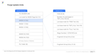 © Copyrights 2001~2017 EXEM CO.,LTD. All Rights Reserved.
Purge Update Undo
source: http://blog.jcole.us/2013/01/04/page-management-in-innodb-space-files/
FIL HEADER (38)
List node for INODE Page list (12)
INODE 0 (192)
INODE 1 (192)
INODE 2 (192)
…
INODE 83 (192)
INODE 84 (192)
(Empty Space, 6 Bytes)
FIL Trailer (8)
FSEG ID (8)
Number of used pages in
“NOT_FULL”list (4)
List base node for “FREE” list (16)
List base node for “NOT_FULL” list (16)
List base node for “FULL” list (16)
Magic Number = 97937874 (4)
Fragment Array Entry 0 (4)
…
Fragment Array Entry 31 (4)
INODE Overview INODE Entry
 