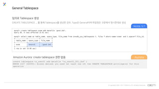 © Copyrights 2001~2017 EXEM CO.,LTD. All Rights Reserved.
General Tablespace
임의로 Tablespace 생성
CREATE TABLESPACE ... 를 통해 Tablespace를 생성한 경우, Type은 General이며 파일명은 구문에서 명시한대로 생성
Amazon Aurora: create tablespace 권한 없음
create tablespace ts_user01 add datafile 'ts_user01_001.ibd' ;
ERROR 1227 (42000): Access denied; you need (at least one of) the CREATE TABLESPACE privilege(s) for this
operation
MySQL 5.7
Aurora
 