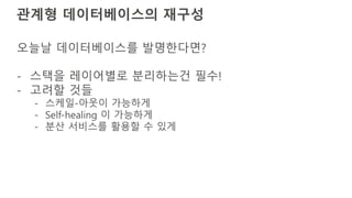 관계형 데이터베이스의 재구성
오늘날 데이터베이스를 발명한다면?
- 스택을 레이어별로 분리하는건 필수!
- 고려할 것들
- 스케일-아웃이 가능하게
- Self-healing 이 가능하게
- 분산 서비스를 활용할 수 있게
 