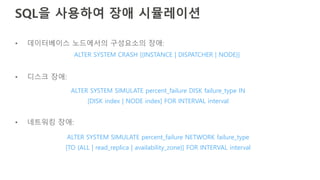 SQL을 사용하여 장애 시뮬레이션
ALTER SYSTEM CRASH [{INSTANCE | DISPATCHER | NODE}]
ALTER SYSTEM SIMULATE percent_failure DISK failure_type IN
[DISK index | NODE index] FOR INTERVAL interval
ALTER SYSTEM SIMULATE percent_failure NETWORK failure_type
[TO {ALL | read_replica | availability_zone}] FOR INTERVAL interval
• 데이터베이스 노드에서의 구성요소의 장애:
• 디스크 장애:
• 네트워킹 장애:
 