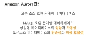Amazon Aurora란?
오픈 소스 호환 관계형 데이터베이스
MySQL 호환 관계형 데이터베이스
상업용 데이터베이스의 성능과 가용성
오픈소스 데이터베이스의 단순성과 비용 효율성
 
