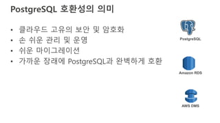 PostgreSQL 호환성의 의미
• 클라우드 고유의 보안 및 암호화
• 손 쉬운 관리 및 운영
• 쉬운 마이그레이션
• 가까운 장래에 PostgreSQL과 완벽하게 호환
AWS DMS
Amazon RDS
PostgreSQL
 