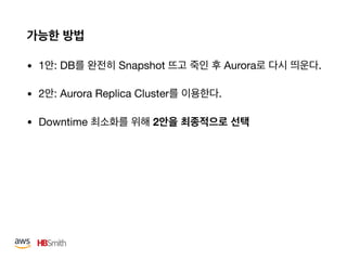 • 1 : DB Snapshot Aurora .

• 2 : Aurora Replica Cluster .

• Downtime 2
 