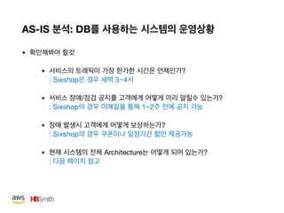 AS-IS : DB
• 

• ? 
: Sixshop 3~4 

• / ? 
: Sixshop 1~2 

• ? 
: Sixshop 

• Architecture ? 
:
 