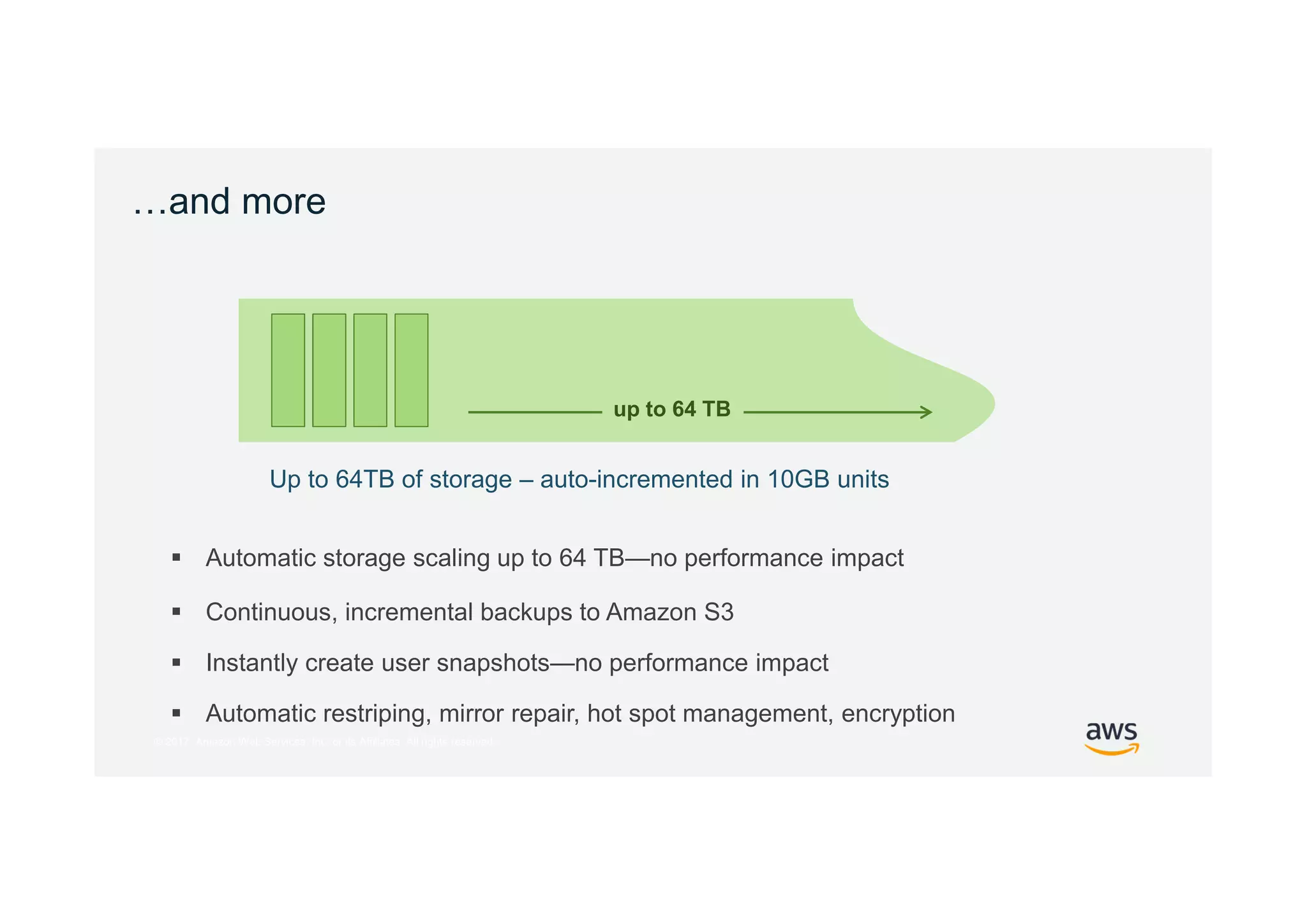 © 2017, Amazon Web Services, Inc. or its Affiliates. All rights reserved.
…and more
 Automatic storage scaling up to 64 TB—no performance impact
Up to 64TB of storage – auto-incremented in 10GB units
up to 64 TB
 Continuous, incremental backups to Amazon S3
 Instantly create user snapshots—no performance impact
 Automatic restriping, mirror repair, hot spot management, encryption
 