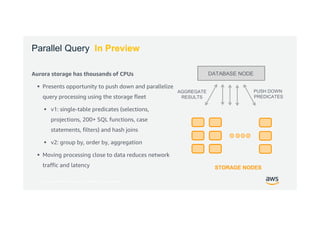 © 2017, Amazon Web Services, Inc. or its Affiliates. All rights reserved.
Parallel Query In Preview
Aurora storage has thousands of CPUs
 Presents opportunity to push down and parallelize
query processing using the storage fleet
 v1: single-table predicates (selections,
projections, 200+ SQL functions, case
statements, filters) and hash joins
 v2: group by, order by, aggregation
 Moving processing close to data reduces network
traffic and latency
DATABASE NODE
STORAGE NODES
PUSH DOWN
PREDICATES
AGGREGATE
RESULTS
 
