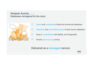 © 2017, Amazon Web Services, Inc. or its Affiliates. All rights reserved.
Amazon Aurora ……
Databases reimagined for the cloud
Delivered as a managed service
 Speed and availability of high-end commercial databases
 Simplicity and cost-effectiveness of open source databases
 Drop-in compatibility with MySQL and PostgreSQL
 Simple pay as you go pricing
 