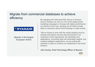 © 2017, Amazon Web Services, Inc. or its Affiliates. All rights reserved.
Migrate from commercial databases to achieve
efficiency
Ryanair is the largest
European Airline
By migrating from Microsoft SQL Server to Amazon
Aurora, Ryanair can now run one of the largest email
marketing campaigns in Europe with higher performance
at a fraction of the cost, sending out 22 million emails
daily to customers about travel bookings or sales events.
“We’ve chosen to work with the world’s leading cloud to
develop and deliver services that will transform our
customers’ travel experiences. By rebuilding core
applications, converting data into actionable insights, and
creating intelligent applications, we are putting the
solutions in place to continue our leadership in the travel
industry,”
John Hurley, Chief Technology Officer at Ryanair.
 