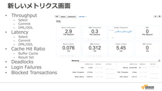 新しいメトリクス画⾯
• Throughput
– Select
– Commit
– DML/DDL
• Latency
– Select
– Commit
– DML/DDL
• Cache Hit Ratio
– Buffer Cache
– Result Set
• Deadlocks
• Login Failures
• Blocked Transactions
 
