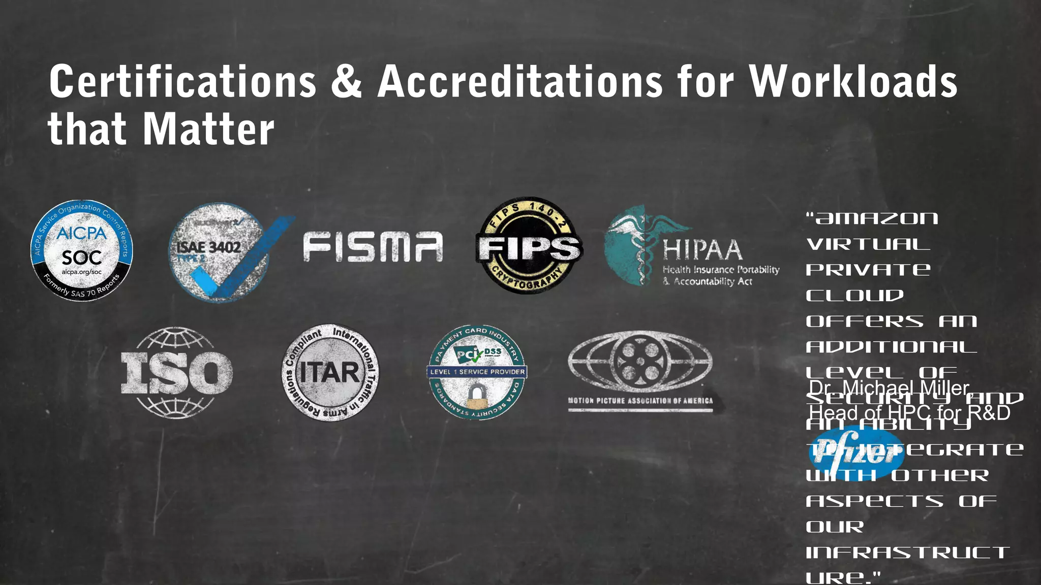 Certifications & Accreditations for Workloads
that Matter
“Amazon
Virtual
Private
Cloud
offers an
additional
level of
Dr. Michael Miller,
security and
Head ability
of HPC for R&D
an
to integrate
with other
aspects of
our
infrastruct
ure.”

 