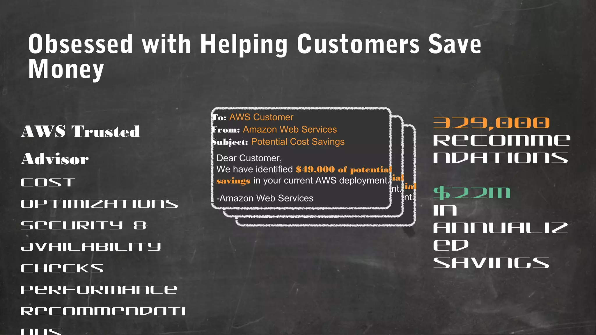 Obsessed with Helping Customers Save
Money
AWS Trusted
Advisor
Cost
optimizations
Security &
Availability
checks
Performance
recommendati

To: AWS Customer
To: Amazon Web Services
From: AWS Customer
To: AWS Customer
From:Potential Cost Savings
Subject: Amazon Web Services
From: Amazon Web Services
Subject: Potential Cost Savings
DearSubject: Potential Cost Savings
Customer,
Dear Customer,
We have identified $49,000 of potential
WeDear your current AWS deployment.
haveCustomer, $49,000 of potential
savings in identified
We have identified $49,000 of potential
savings in your current AWS deployment.
savings Services
-Amazon Web in your current AWS deployment.
-Amazon Web Services
-Amazon Web Services

329,000
recomme
ndations
$22M
in
annualiz
ed
savings

 