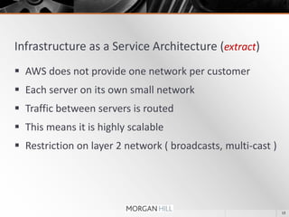 Infrastructure as a Service Architecture (extract)Cloud Centersare data centersin the cloudBased on industry standard approach familiar to existing infrastructure peopleIncluded idioms such asVLANsNetwork blocksHardware load balancers and firewalls File storage ( SAN & NAS ) 11