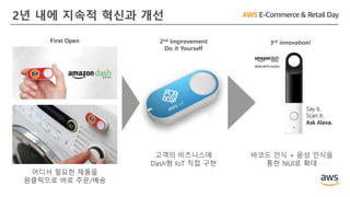 2년 내에 지속적 혁신과 개선
어디서 필요한 제품을
원클릭으로 바로 주문/배송
First Open 2nd Improvement
Do it Yourself
고객의 비즈니스에
Dash형 IoT 직접 구현
바코드 인식 + 음성 인식을
통한 NUI로 확대
3rd innovation!
 