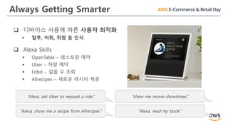 Always Getting Smarter
 디바이스 사용에 따른 사용자 최적화
▪ 말투, 어휘, 취향 등 인식
 Alexa Skills
▪ OpenTable – 레스토랑 예약
▪ Uber – 차량 예약
▪ Fitbit – 걸음 수 조회
▪ Allrecipes – 새로운 레시피 제공
“Alexa, ask Uber to request a ride.”
“Alexa, show me a recipe from Allrecipes.”
“show me movie showtimes.”
“Alexa, read my book.”
 