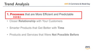 Trend Analysis
1. Processes that are More Efficient and Predictable
• Closer Relationship with Your Customers
• Smarter Products that Get Better with Time
• Products and Services that Were Not Possible Before
프로세스
 