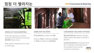 점점 더 빨라지는
SPEED UP YOUR SHOPPING
Order fresh groceries, household
essentials, local favorites, & more than
500,000 Amazon items.
Shop anytime, anywhere from our site
or mobile apps.
SAME-DAY DELIVERY
Free Delivery on orders over $50
Order by 10am for delivery by dinner,
or 10pm for delivery by breakfast.
CONVENIENT DELIVERY OPTIONS
Attended Delivery: Receive in-person
delivery right to the kitchen or left with a
doorman.
Unattended Delivery: Groceries will be
left in temperature controlled totes on
the doorstep for pick up at the
customer’s convenience.
 