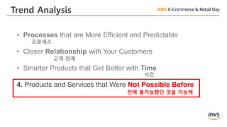 Trend Analysis
• Processes that are More Efficient and Predictable
• Closer Relationship with Your Customers
• Smarter Products that Get Better with Time
4. Products and Services that Were Not Possible Before
프로세스
고객 관계
시간
전에 불가능했던 것을 가능케
 
