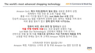 The world’s most advanced shopping technology
Amazon Go는 체크 아웃(결제)이 필요 없는 새로운 종류의 상점.
세계에서 가장 진보 된 쇼핑 기술을 개발.
줄을 서서 기다릴 필요가 없는 Just Walk Out 쇼핑 경험
단순히 Amazon Go 앱을 사용하여 상점에 입장, 원하는 제품을 가져 와서
바로 줄설 필요가 없고 결제 없이 바로 나가는Go.
컴퓨터 비전, 센서 퓨전 및 딥러닝과 같은
자율 주행 차량에 사용되는 것과 동일한 유형의 기술
Just Walk Out Technology는 선반에서 제품을 가져 오거나
선반으로 반품 할 때 이를 자동으로 감지하고 가상 카트에서 제품을 추적.
쇼핑을 마친 후에는 잠시 후 고객의 Amazon 계정에 청구서 전송.
시작하려면 무엇이 필요합니까?
Amazon 계정, 지원되는 스마트 폰 및 무료 Amazon Go 앱만 있으면 됨
 