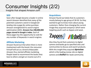 of 64of 53
Consumer Insights (2/2)
Insights that shaped Amazon.com
SEO
Soon after Google became a leader in online
search Amazon identified that many of the
potential customers search in Google for
landing into a page for online purchase.
Amazon strengthened its search engine
optimization (SEO). Amazon has 248,000,000
pages stored in Google's index. Each of
these pages has the opportunity to rank for
any number of keywords in search engines.
Affiliate Marketing
Amazon found out that when there is more
involvement with the brand, the consumer
himself will act as a brand ambassador.
Amazon thus started affiliate marketing.
People loved to recommend the books they
love to others and get an income out of it.
Acquisitions
Amazon found out lately that its customers
mostly belong to age group of 30-50. So they
wanted to get to know more about young
customers. Rather than changing the current
image they acquired company’s which were
targeting youth such as Zappos and woot.
Also they found that customers to digital
camera and books go to specified sites and
communities to discuss and search products.
With this insight they acquired dpreview
which is the leading review site on digital
camera and shelfari for book community
 