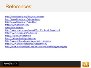 of 64of 53
References
http://en.wikipedia.org/wiki/Amazon.com
http://en.wikipedia.org/wiki/Walmart
http://en.wikipedia.org/wiki/EBay
http://www.amazon.com/
www.slideshare.net
http://www.brandz.com/upload/Top_25_Retail_Report.pdf
http://www.theacsi.org/index.php
http://360.datamonitor.com
http://7pillarsofsellingonline.com
http://www.onlinemba.com/walmart-vs-amazon/
http://www.internetretailer.com/top500/list/
http://www.marketingplan.net/amazon-com-marketing-strategies/
 