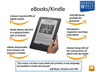 eBooks/Kindle
>450 000 books
available for
download
Newspapers,
magazines and blogs
subscription
Amazon keeps 65% of
the revenue from all
eBook sales for Kindle
eBooks downloaded
from Amazon not
exclusive to Kindle
Kindle eBooks add 35%
to a physical book’s
sale on Amazon
Amazon reported 80% of
eBook market
"Our vision is to have every book ever printed, in any language,
all available in tinder 60 seconds.“
- Jeff Bezos, Amazon.com CEO
 