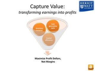 Capture Value:
transforming earnings into profits
Capital
efficiency
Inventory
turnover
Cash
generative
cycle
Maximize Profit Dollars,
Not Margins
 