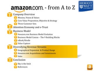 - from A to Z
Company Overview
Mission, Vision & Values
Core Value Proposition, Objective & Strategy
Three Customer Sets
Attention Economy and e-Trust
Business Model
Amazon.com Business Model Evolution
Business Model Canvas – The 9 Building Blocks
eBook/Kindle
Value Capture
Diversifying Revenue Streams
Geographical Expansion & Product Range
Amazon.com Acquisitions and Investments
Sales
Conclusion
Sky is the limit
References
 