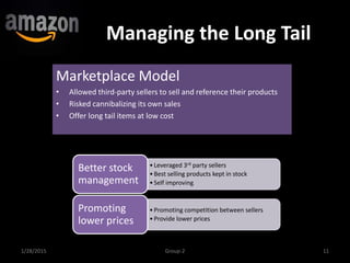 Managing the Long Tail
•Leveraged 3rd party sellers
•Best selling products kept in stock
•Self improving
Better stock
management
•Promoting competition between sellers
•Provide lower prices
Promoting
lower prices
1/28/2015 11Group-2
Marketplace Model
• Allowed third-party sellers to sell and reference their products
• Risked cannibalizing its own sales
• Offer long tail items at low cost
 