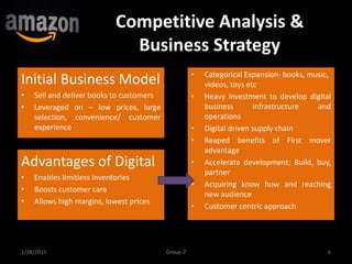 Competitive Analysis &
Business Strategy
Initial Business Model
• Sell and deliver books to customers
• Leveraged on – low prices, large
selection, convenience/ customer
experience
1/28/2015 6Group-2
Advantages of Digital
• Enables limitless inventories
• Boosts customer care
• Allows high margins, lowest prices
• Categorical Expansion- books, music,
videos, toys etc
• Heavy investment to develop digital
business infrastructure and
operations
• Digital driven supply chain
• Reaped benefits of First mover
advantage
• Accelerate development: Build, buy,
partner
• Acquiring know how and reaching
new audience
• Customer centric approach
 